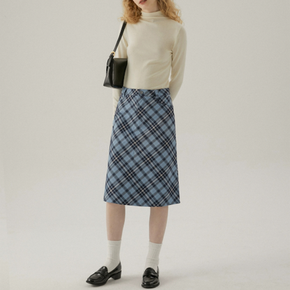 タータンチェックハイウエストミドル丈スカート X-440