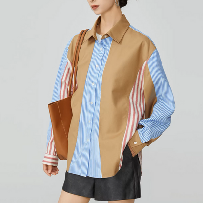 パッチワークストライプオーバーサイズロングスリーブシャツ《Z00951》