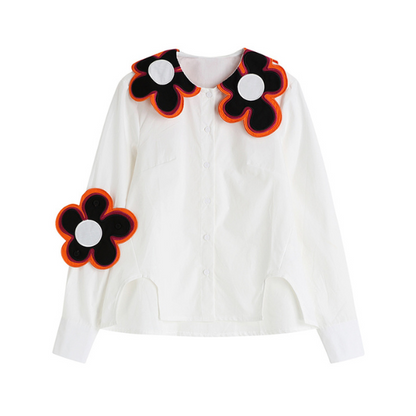 フラワーモチーフ付きフロントカッティングシャツ X-312
