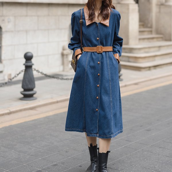 異素材ミックスバイカラーデニムワンピース　AU-225