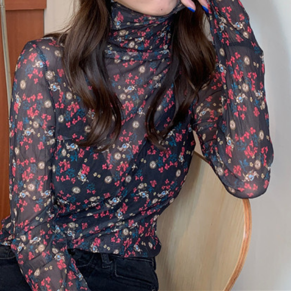 【5color】レトロな花柄シースルートップス Z00105