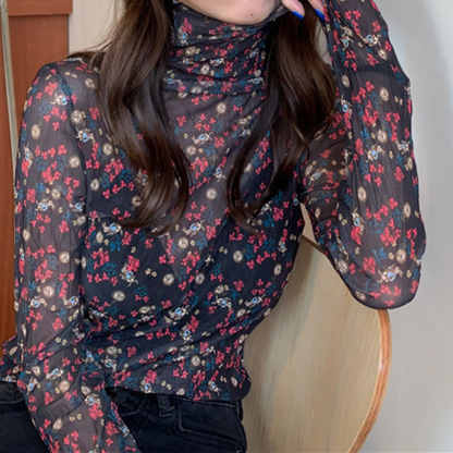 【5color】レトロな花柄シースルートップス Z00105