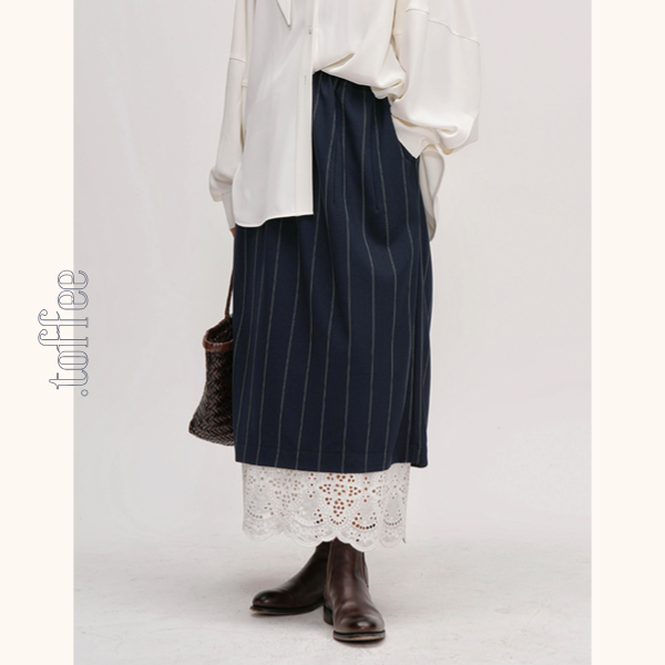 ネイビーストライプ＆レース重ね着スカート　Z00477