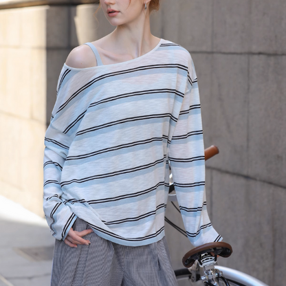 【2color】ワンショルダーストライプシアーニットトップ《Z01027》