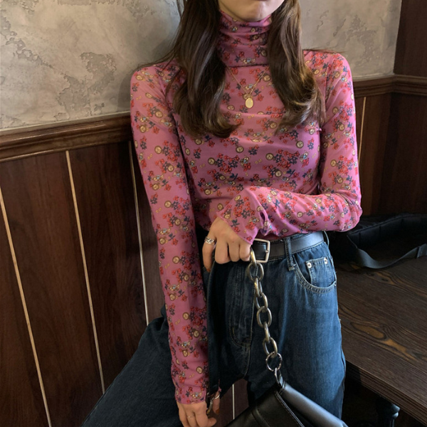 【5color】レトロな花柄シースルートップス Z00105