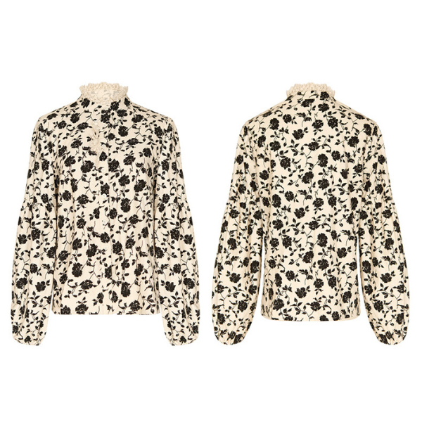 スタンドカラーブラックローズレースブラウス X-470