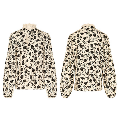 スタンドカラーブラックローズレースブラウス X-470