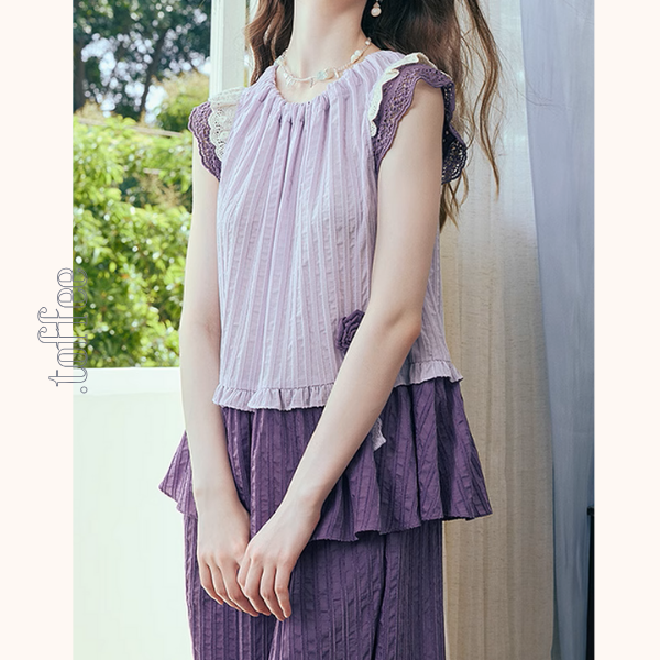 フリルスリーブトップ＆ワイドパンツセットアップ《Z00966》