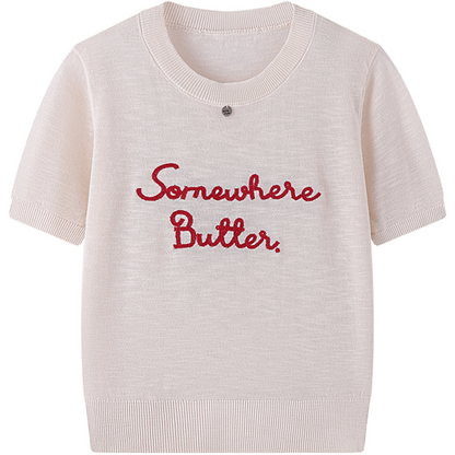 【7color】レター刺繍入りクルーネック半袖ニット　Z00393