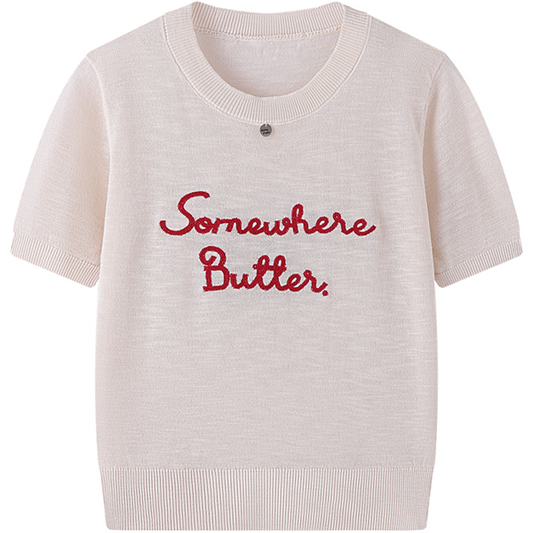 【7color】レター刺繍入りクルーネック半袖ニット　Z00393