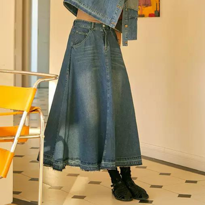 デニムミモレ丈フレアスカート w-012