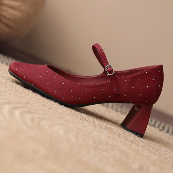 【2color】スクエアトゥチャンキーヒールドットパンプス X-536