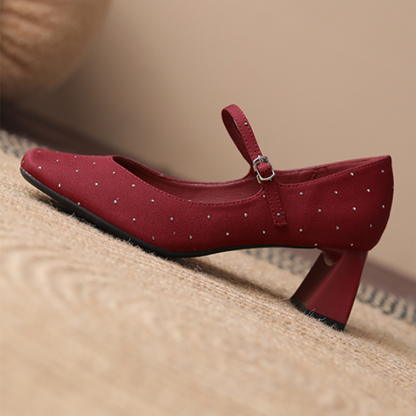 【2color】スクエアトゥチャンキーヒールドットパンプス X-536