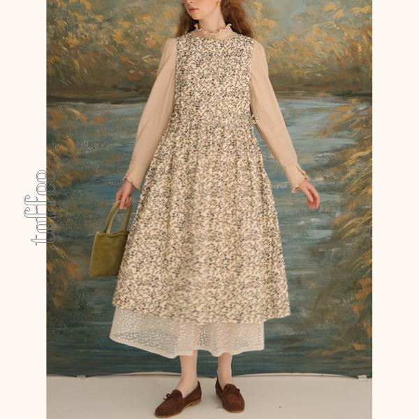 コーデュロイフローラルプリントノースリーブワンピース　Z00616