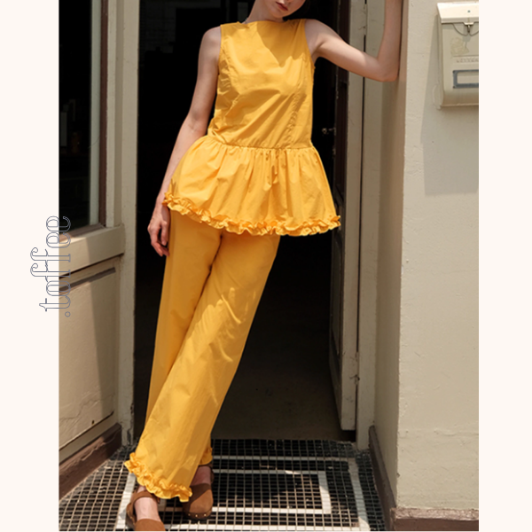 レースヘムペプラムノースリーブトップ＆ストレートパンツセットアップ 《Z00982》