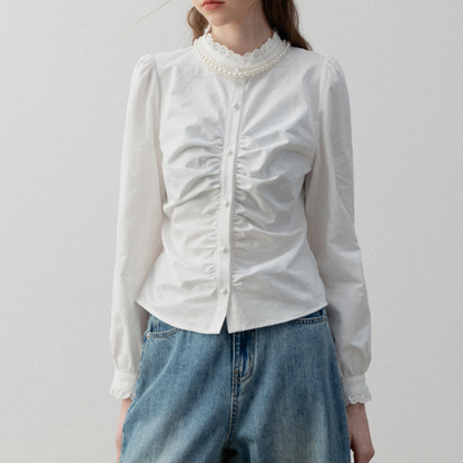 パール＆レースネックシャーリングロングスリーブシャツ　《Z00721》