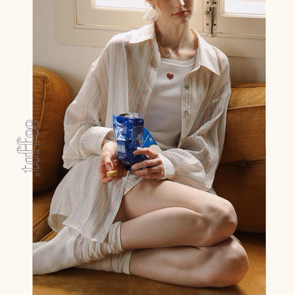 カラフルストライプルーズシャツ＆ワイドショートパンツのセットアップ《Z01029》