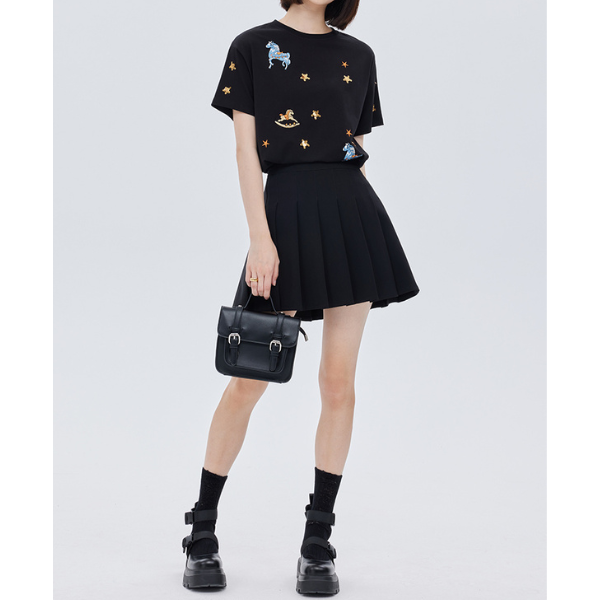 ポニーと星の刺繍入り半袖ニットトップ Z00203