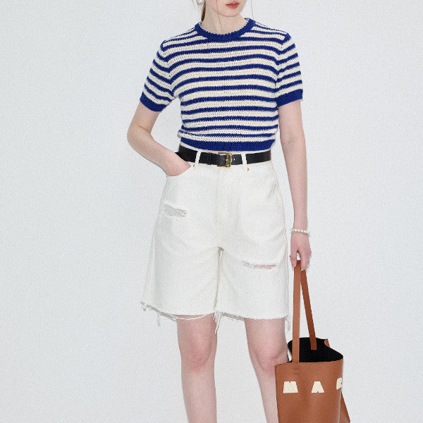 ハーフクルーネックストライプニットトップ Z00320