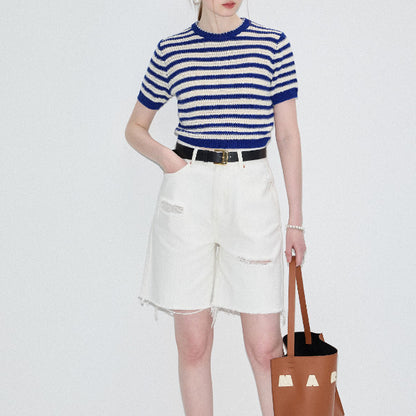 ハーフクルーネックストライプニットトップ Z00320