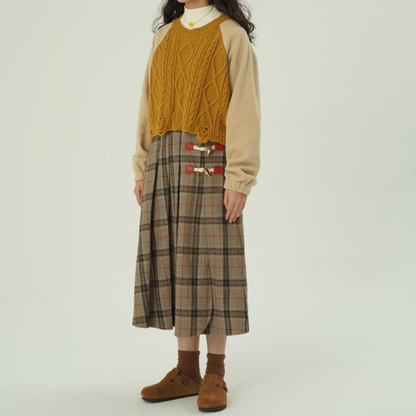 【2color】ホーンボタンチェック柄ロングスカート　Z00607
