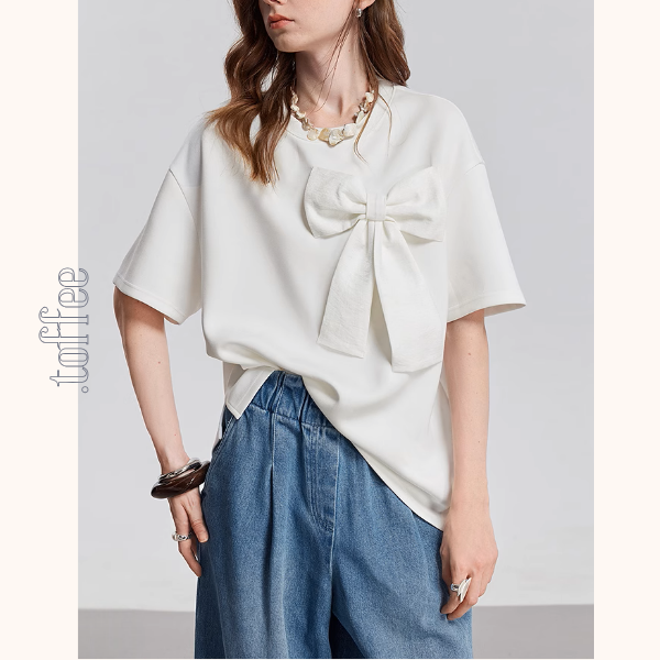 【2color】ビッグリボンクルーネック半袖Tシャツ《Z00933》