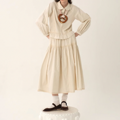 【2color】レトロストライプフリルヘムセットアップ X-263