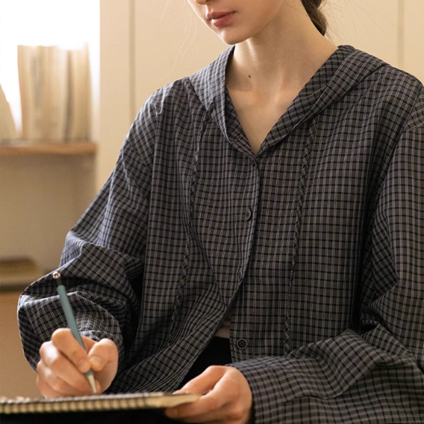 【2color】チェック柄フーディーシャツ《Z00978》