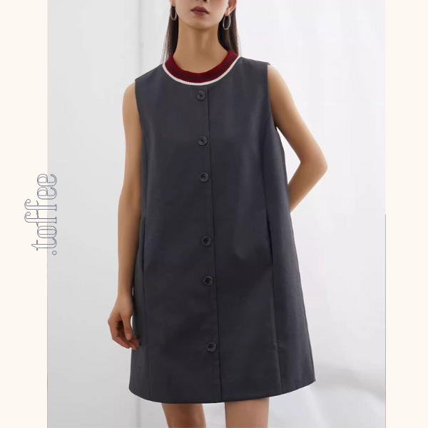 コントラストカラーフロントボタンノースリーブミニワンピース《Z00945》