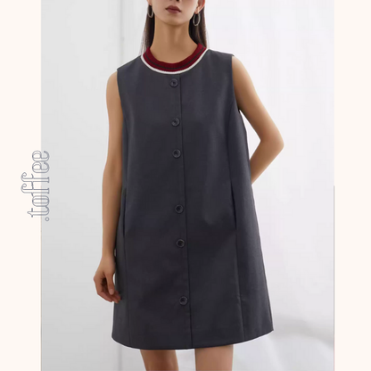 コントラストカラーフロントボタンノースリーブミニワンピース《Z00945》