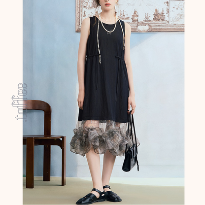 幻想チュールのノースリーブブラックワンピース《Z01061》