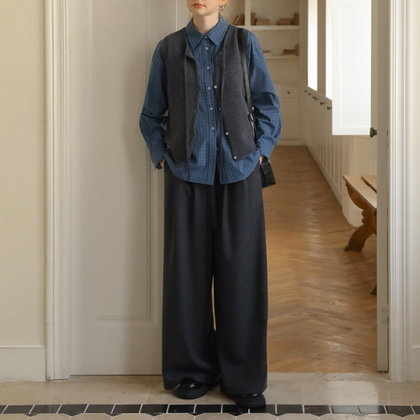 Vネックシングルブレストショートベスト＆ハイウエストワイドスーツパンツセットアップ《Z00889》