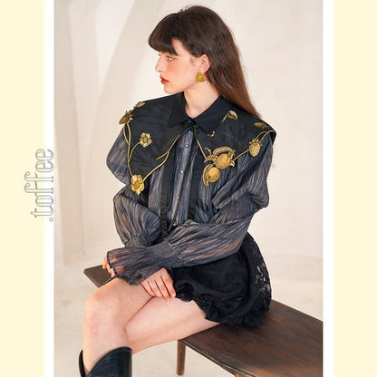 【2color】果物モチーフの植物画刺繍：ロマンティックフェアリーケープ　C0168