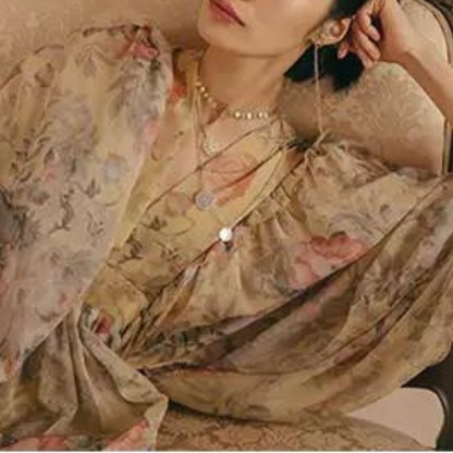 フラワープリントボリュームスリーブワンピース X-046