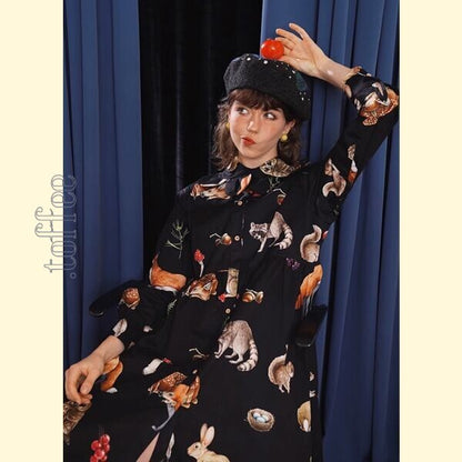 レトロエレガンス：クラシックアートのブラックシャツワンピース 《C0209》