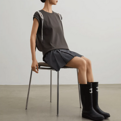 カットアウトフレンチスリーブクルーネックトップ《Z00949》