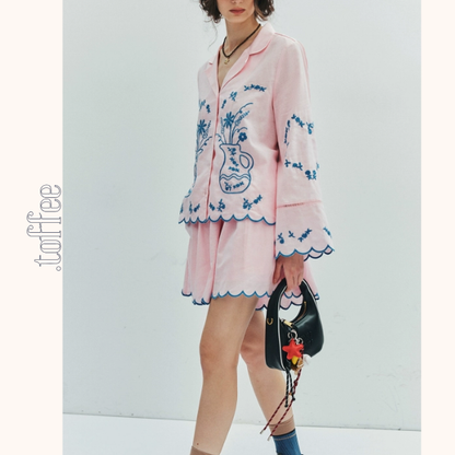 フラワーベース刺繍シャツ＆ショートパンツセットアップ《Z01006》