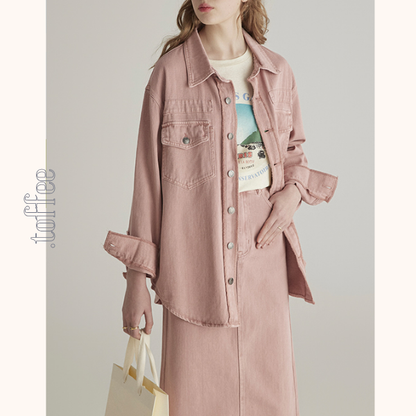 ピンクデニムジャケット＆ミモレ丈ストレートスカートセットアップ　《Z00776》