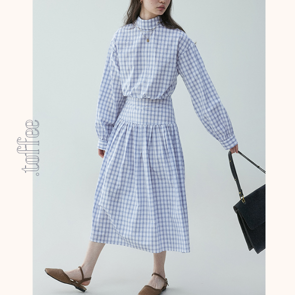 チェック柄Aラインロングシャツワンピース《Z00839》