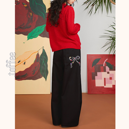 リボン刺繍ルーズストレートパンツ　《Z00700》