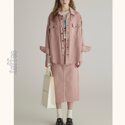 ピンクデニムジャケット＆ミモレ丈ストレートスカートセットアップ　《Z00776》