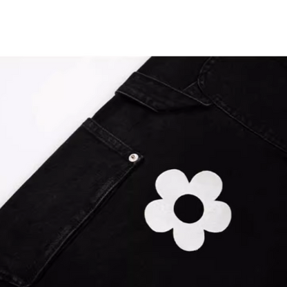 フラワーアップリケ付きブラックワイドデニムパンツ Z00305