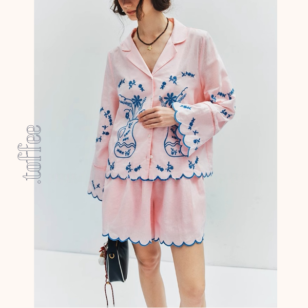 フラワーベース刺繍シャツ＆ショートパンツセットアップ《Z01006》