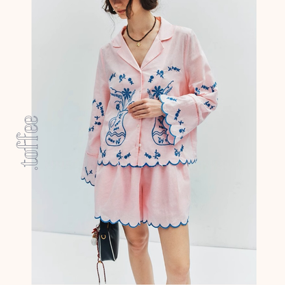 フラワーベース刺繍シャツ＆ショートパンツセットアップ《Z01006》