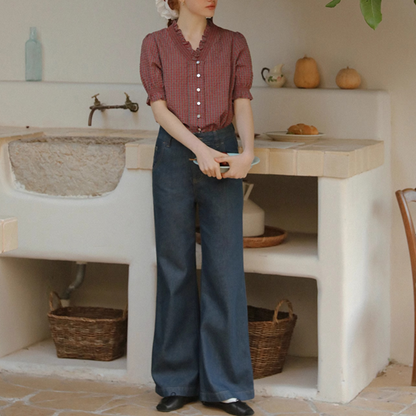 フリルネックチェック柄ブラウス《Z00822》