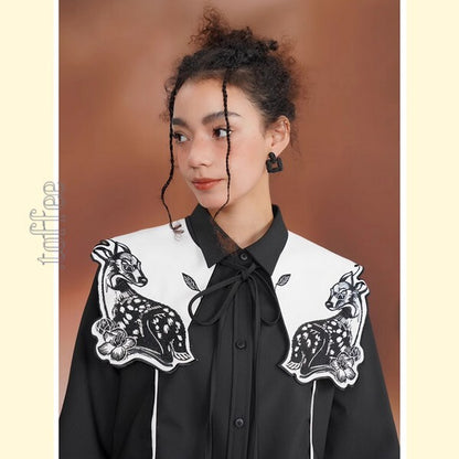 月明かりのバンビが佇む：深い森の中のオリエンタルカウボーイブラウス C0187