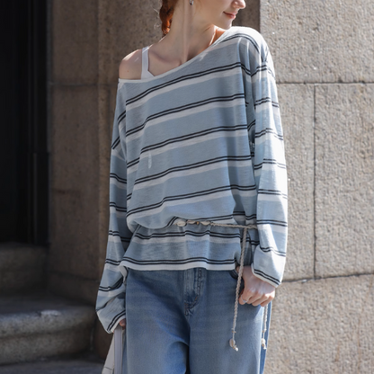 【2color】ワンショルダーストライプシアーニットトップ《Z01027》