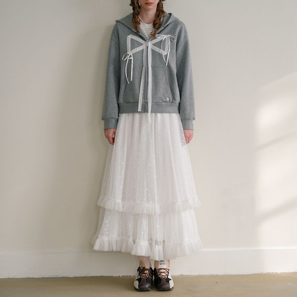 フリル＆メッシュホワイトロングスカート　Z00570
