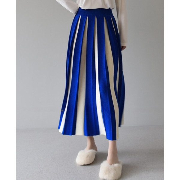 【６color】バイカラープリーツスカート w-079