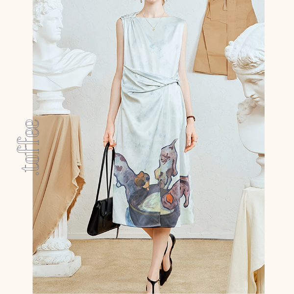 ミルクを飲む子犬プリントのノースリーブワンピース《Z00964》